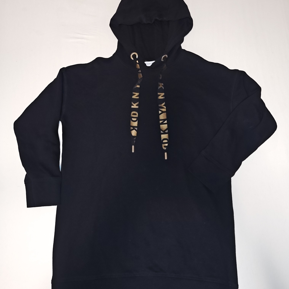 DKNY Sportd Black Hoodie Dress with Patterned Drawstrings Size XS